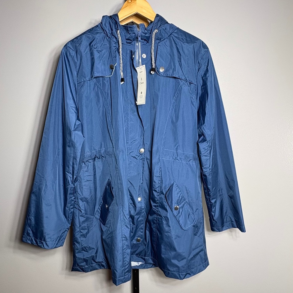 Cinnie Womens‎ Blue Hooded Raincoat Lightweight Striped Lining Jacket XL NWT